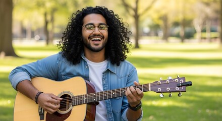 Joyful diverse young man playing acoustic guitar outdoors, a vibrant portrait embodying unique individuality and creative expression