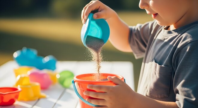 Young child actively engaged in creative DIY moon sand play outdoors, fostering joyful childhood development