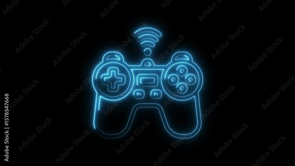 Poster illuminated neon style game controller glowing against black background animation technology