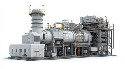 A heat recovery steam generator (HRSG) in a combined cycle plant, showing the large banks of tubes where exhaust heat from the gas turbine boils water to create steam. 3d illustration.