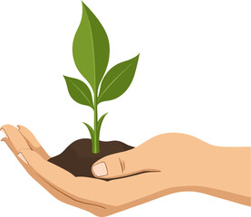 A human hand holding a small plant seedling in soil, symbolizing growth and nurturing.