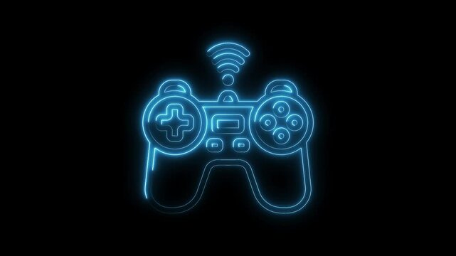Illuminated neon style game controller glowing against black background animation technology