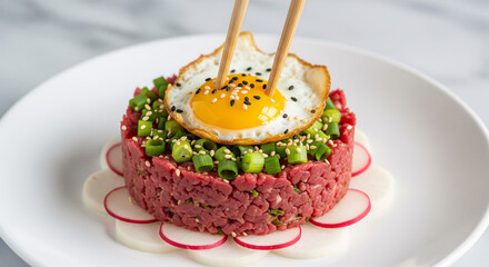 A plate of steak tartare on top with a yolk