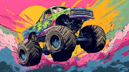 Vector illustration of a monster truck jumping with excitement above a colorful background .