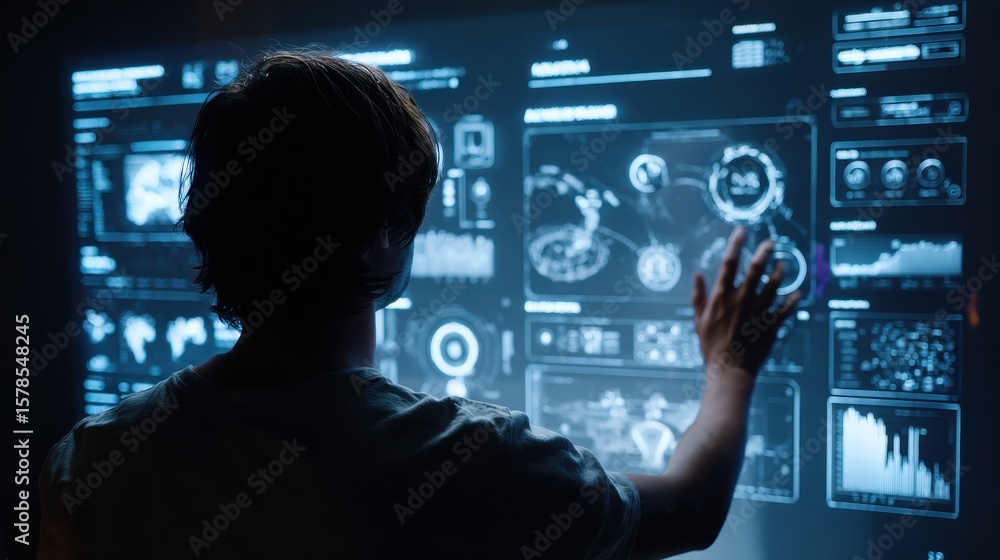 Poster a person interacting with a computer screen displaying ai-related data.