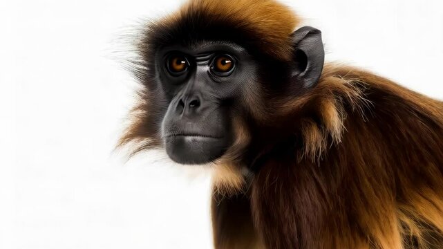 Gelada Monkey Portrait with Brown Fur and Black Face on Plain White Background, Intense Gaze, Striking Primate