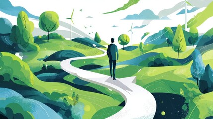 Businessman Walking Path Toward Sustainability Goals Vector


