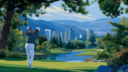 Golfer Teeing Off at a Resort Course Under Clear Skies