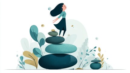 Inner Harmony and Balance Illustration with Woman and Stones

