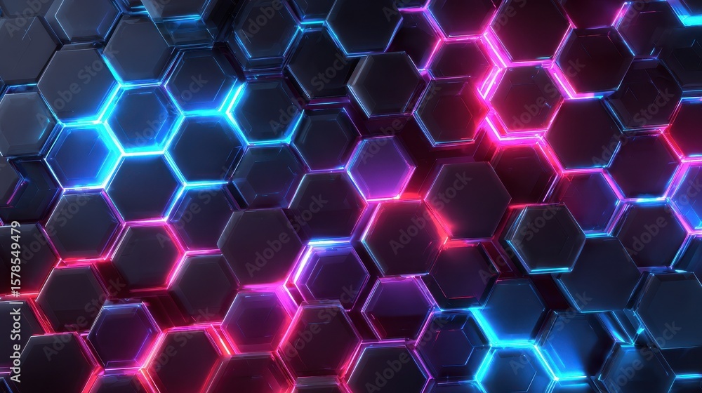Poster futuristic hexagonal pattern illuminated with vibrant blue and pink lights, perfect for technology a