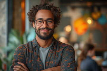 Obraz premium A smiling man with curly hair and glasses stands confidently with arms crossed. 