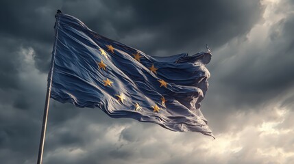 European Union flag waving in the sky on a moody autumn day