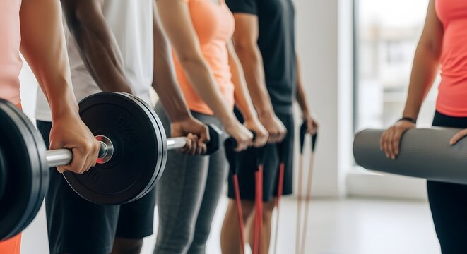 Diverse fitness class participants holding weights and resistance bands, preparing for a workout.