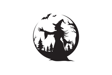 Silhouette of a Witch Casting a Spell in a Forest with Bats Flying Under the Moonlight for Halloween Themed Designs and Decor Elements
