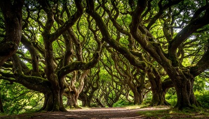 Lush canopy of ancient trees arching over a path