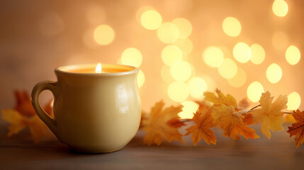Maple leaf garland draped over a steaming spiced cider mug, illuminated by soft candlelight for cozy warmth.