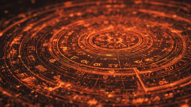Abstract orange zodiac wheel background. Fortune telling and luck concept. 3D Rendering , no logos, no brands