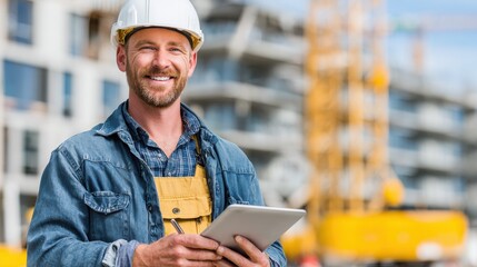 Cheerful male construction worker with white protective helmet and digital tablet in his hand with background of the construction of buildings