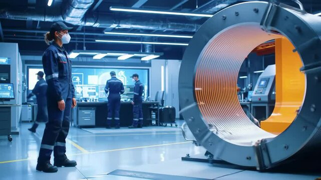 High-tech laboratory with glowing rotating coil and technicians in blue uniforms