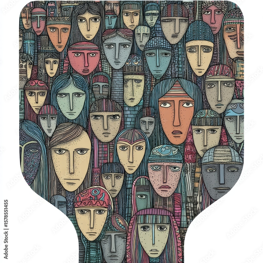 Fototapete a dense, colorful collection of stylized, abstract human faces with varied expressions and intricate