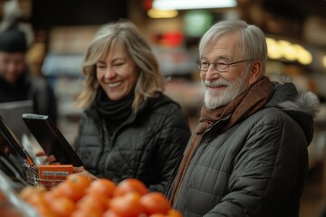 A smiling couple in a grocery store—woman checking a tablet while the man examines a product.
