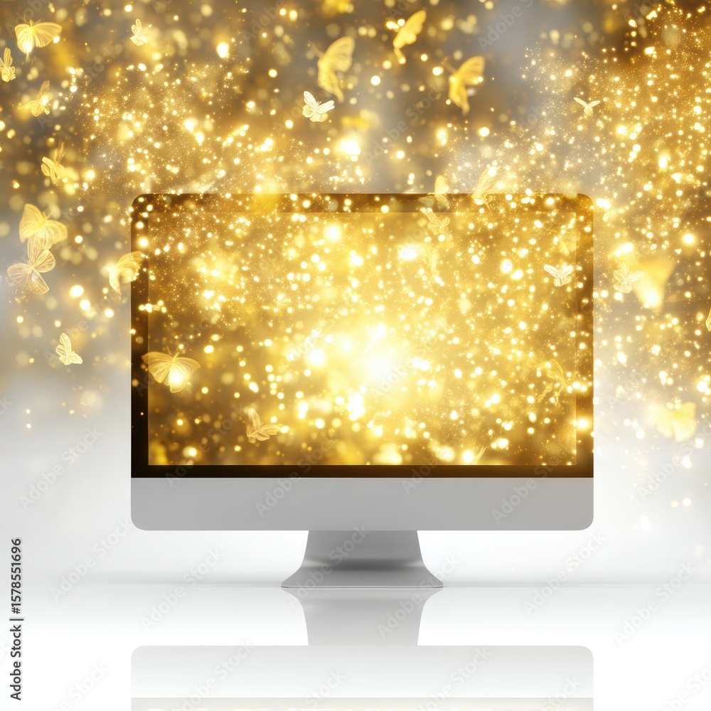 Poster a glowing computer screen emits golden light and butterflies, creating a magical and sparkling digit