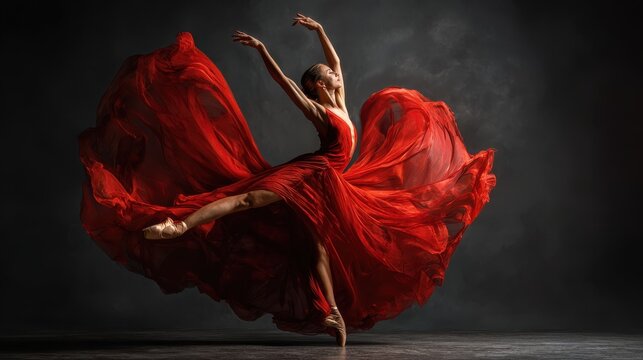 Graceful ballerina dancing in waving red dress on dark stage