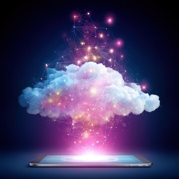 A glowing cloud of interconnected light nodes hovers above a tablet, symbolizing digital cloud computing and data networks, AI computer devices on dark background