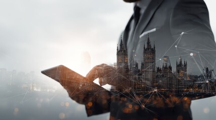 Double exposure of success businessman using digital tablet with london building and social media diagram , no logos, no brands