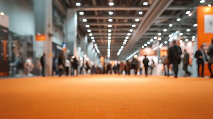 Obraz premium Blurred trade show hall with orange carpet. People walking on defocused background in large exhibition center. Trade fair business marketing exposition. International business negotiation incentive