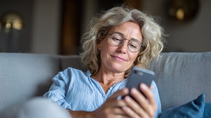 Obraz premium Relaxed mature old 60s woman, older middle aged female customer holding smartphone using mobile app, texting message, search ecommerce offers on cell phone technology device sitting on couch at home.
