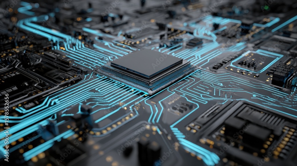 Poster futuristic circuit board with central processor. a captivating image of a complex circuit board, sho