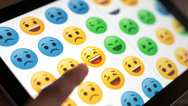 Finger touching happy laughing emoji on a tablet screen with other emotions