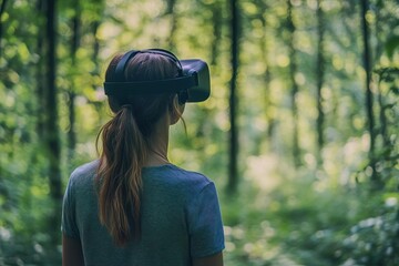 VR forest walk generated by AI for trauma therapy, personalized nature paths shifting to user breathing