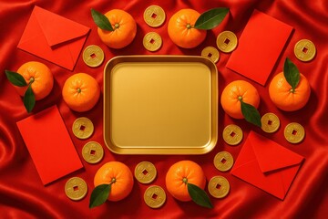 Lunar New Year Flat Lay with Red Envelopes and Oranges