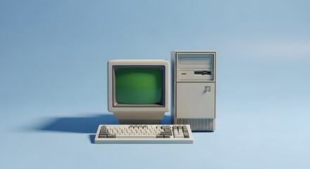 A vintage computer setup, including a monitor, keyboard, and tower, against a solid blue background.