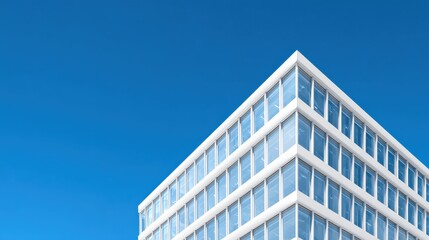 Modern white office building corner, glass windows, blue sky.