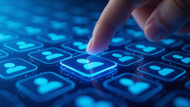 Finger selecting a glowing blue user profile icon on a digital interface