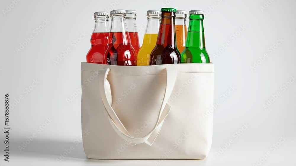Poster white bag with a variety of drinks in it. the drinks include a few bottles of soda and a few bottles