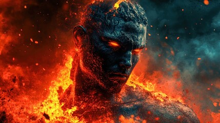 warrior man forged from molten lava and cool obsidian