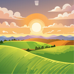 Obraz premium Aerial sunset view of green crop fields. Golden sun above horizon, dramatic sky