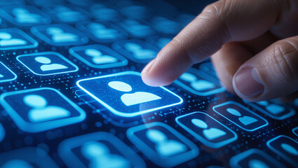 Finger touching a glowing blue digital profile icon on a futuristic interface