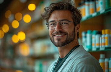 Fototapeta premium A confident pharmacist smiles while standing in front of shelves stocked with various medications. 