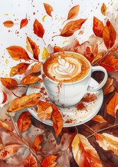 watercolor autumn leaves and pumpkin spice latte .