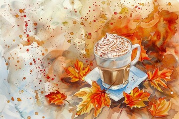 watercolor autumn leaves and pumpkin spice latte .