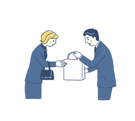  葬儀　男性スタッフから返礼品を受け取る弔問客の女性