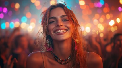 A smiling woman extends her arms, embracing the moment at a lively concert.