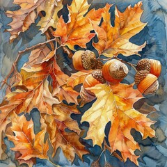 watercolor autumn oak leaves and acorns .