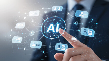 Businessman interacts with a glowing digital network of ai and user icons