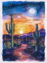 watercolor desert landscape with cacti and sunset .